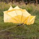 zerstörter Regenschirm auf einer Wiese
