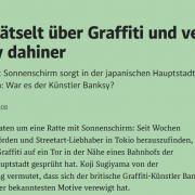 Screenshot eines Berichts über die Entdeckung eines möglichen Banksy Werks, auf dem eine Ratte mit Regenschirm zu sehen ist.